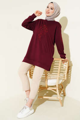 Yaka ve Kol Nakışlı Pullu Loyşa Tunik Bordo - 300-500 TL Ürünler
