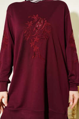 Yaka ve Kol Nakışlı Pullu Loyşa Tunik Bordo - 300-500 TL Ürünler