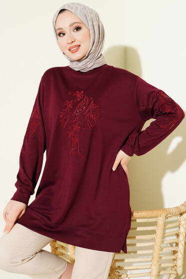 Yaka ve Kol Nakışlı Pullu Loyşa Tunik Bordo - Tunik
