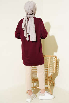 Yaka ve Kol Nakışlı Pullu Loyşa Tunik Bordo - Tunik