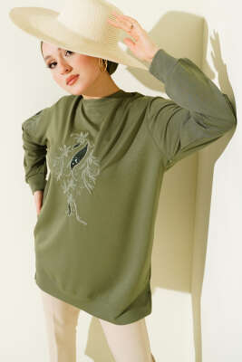 Yaka ve Kol Nakışlı Pullu Loyşa Tunik Çağla Yeşili - DESTİNA