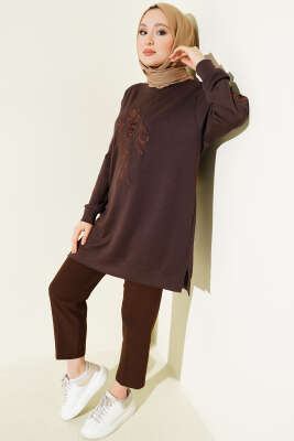 Yaka ve Kol Nakışlı Pullu Loyşa Tunik Kahve - 300-500 TL Ürünler