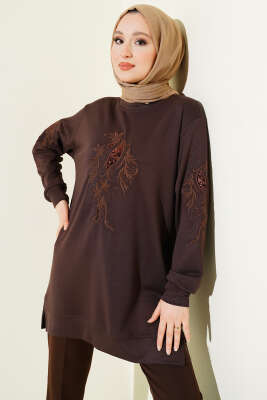 Yaka ve Kol Nakışlı Pullu Loyşa Tunik Kahve - DESTİNA