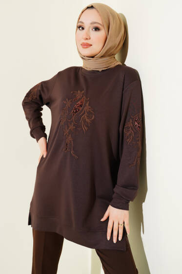 Yaka ve Kol Nakışlı Pullu Loyşa Tunik Kahve - Tunik