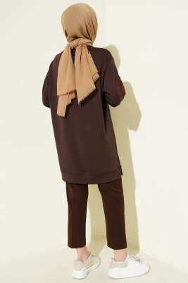 Yaka ve Kol Nakışlı Pullu Loyşa Tunik Kahve - Tunik