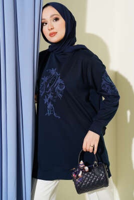 Yaka ve Kol Nakışlı Pullu Loyşa Tunik Lacivert - DESTİNA