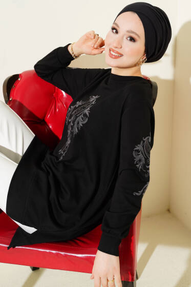 Yaka ve Kol Nakışlı Pullu Loyşa Tunik Siyah - 300-500 TL Ürünler