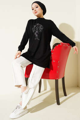 Yaka ve Kol Nakışlı Pullu Loyşa Tunik Siyah - 300-500 TL Ürünler