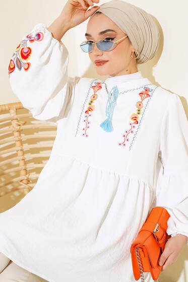 Yaka Ve Kol Nakışlı Tunik Ekru - Tunik