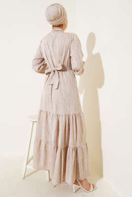 Yaka Ve Kol Ribanalı Elbise Bej - Tesettür Elbise