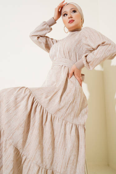 Yaka Ve Kol Ribanalı Elbise Bej - Tesettür Elbise