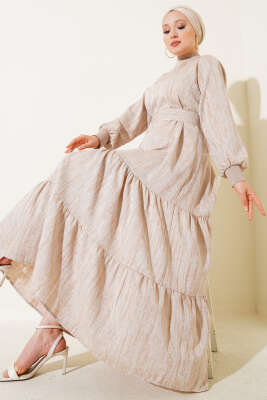 Yaka Ve Kol Ribanalı Elbise Bej - Tesettür Elbise