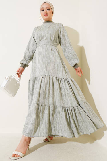 Yaka Ve Kol Ribanalı Elbise Haki - Tesettür Elbise