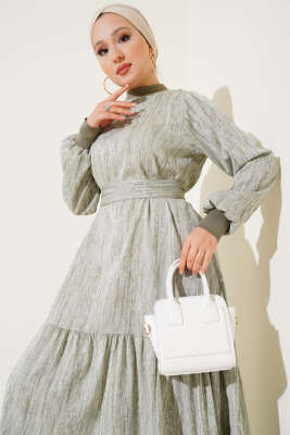 Yaka Ve Kol Ribanalı Elbise Haki - Tesettür Elbise