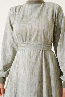 Yaka Ve Kol Ribanalı Elbise Haki - Tesettür Elbise