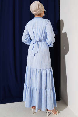 Yaka Ve Kol Ribanalı Elbise Mavi - Tesettür Elbise