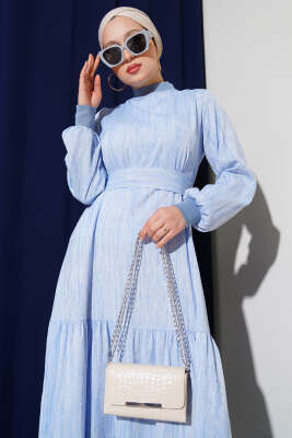 Yaka Ve Kol Ribanalı Elbise Mavi - Tesettür Elbise