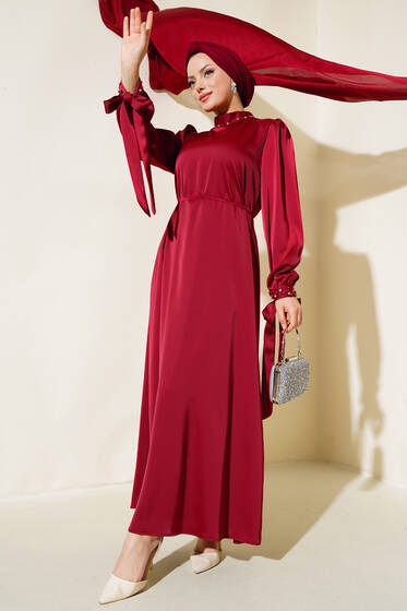 Yaka ve Kol Taşlı Saten Elbise Bordo - Tesettür Elbise