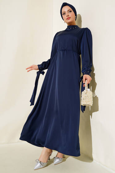 Yaka ve Kol Taşlı Saten Elbise Lacivert - Tesettür Elbise