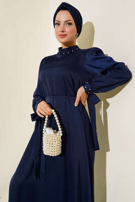 Yaka ve Kol Taşlı Saten Elbise Lacivert - Tesettür Elbise