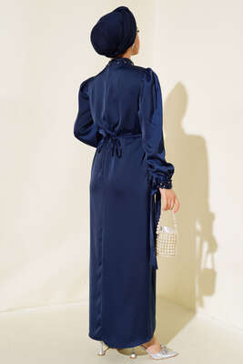 Yaka ve Kol Taşlı Saten Elbise Lacivert - Tesettür Elbise