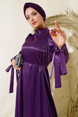 Yaka ve Kol Taşlı Saten Elbise Mor - Tesettür Elbise