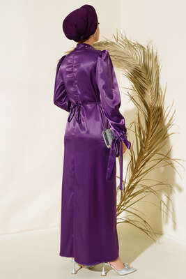 Yaka ve Kol Taşlı Saten Elbise Mor - Tesettür Elbise