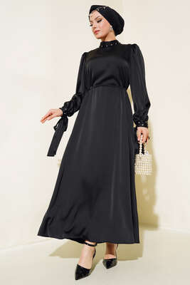 Yaka ve Kol Taşlı Saten Elbise Siyah - ALGI