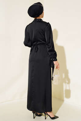 Yaka ve Kol Taşlı Saten Elbise Siyah - Tesettür Elbise