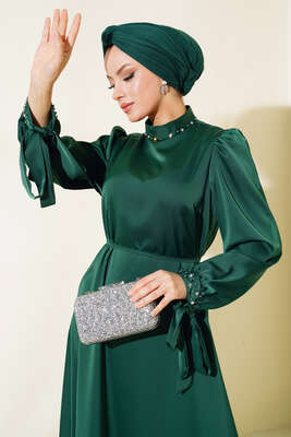 Yaka ve Kol Taşlı Saten Elbise Zümrüt - Tesettür Elbise