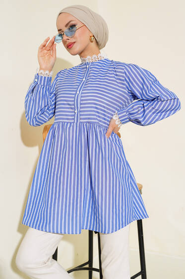 Yaka ve Kol Ucu Dantelli Çizgili Tunik İndigo - Tunik
