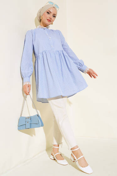 Yaka ve Kol Ucu Dantelli Çizgili Tunik Mavi - Tunik