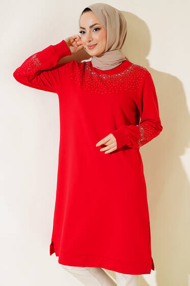 Yaka Ve Kolu Taşlı Tunik Kırmızı - Tunik