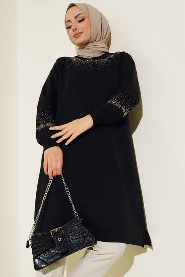 Yaka Ve Kolu Taşlı Tunik Siyah - Tunik