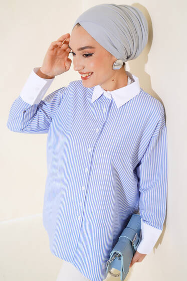 Yaka Ve Manşet Beyaz Çizgili Gömlek Mavi - Gömlek
