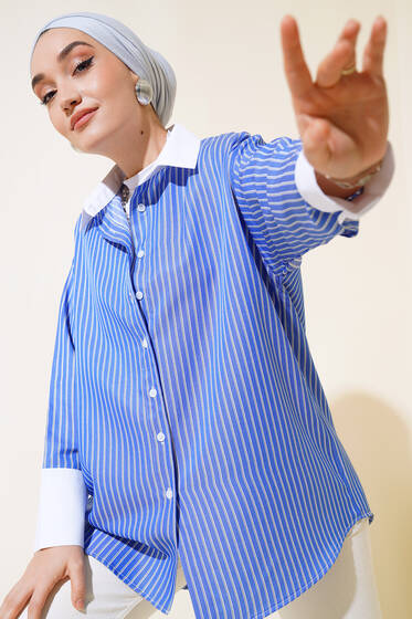 Yaka Ve Manşet Beyaz Çizgili Gömlek Saks - Gömlek