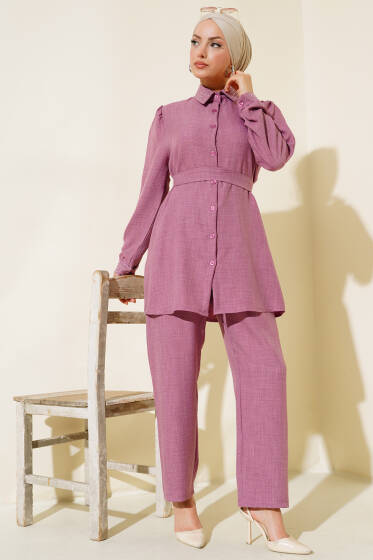 Yaka ve Manşet Taş Detaylı Keten İkili Takım Gül Kurusu - İkili Takım