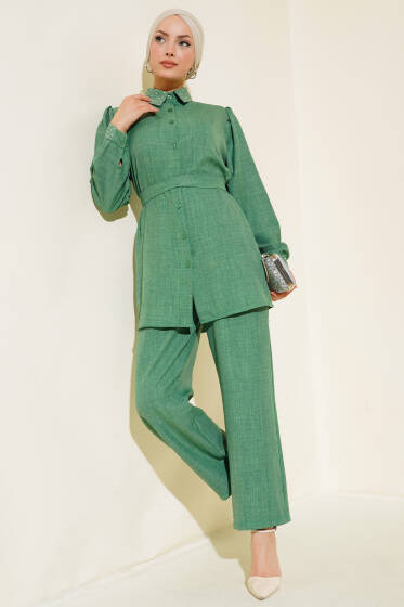 Yaka ve Manşet Taş Detaylı Keten İkili Takım Yeşil - İkili Takım