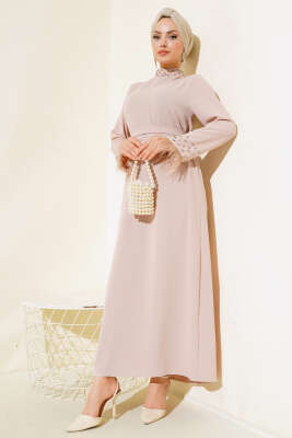 Yaka ve Manşet Taşlı Elbise Bej - Tesettür Elbise