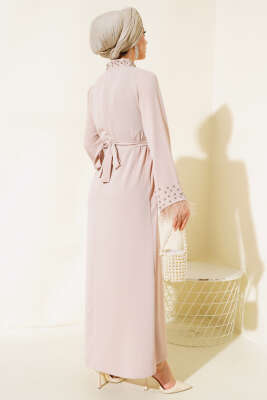 Yaka ve Manşet Taşlı Elbise Bej - Tesettür Elbise