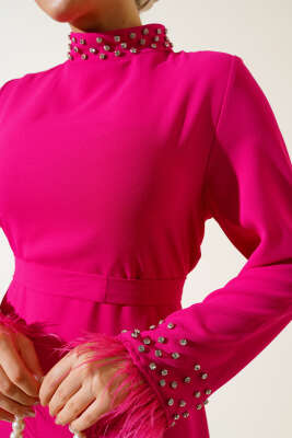 Yaka ve Manşet Taşlı Elbise Fuşya - Tesettür Elbise