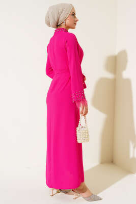 Yaka ve Manşet Taşlı Elbise Fuşya - Tesettür Elbise