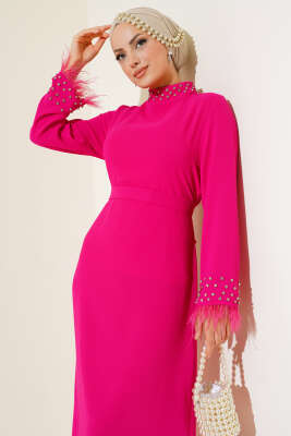 Yaka ve Manşet Taşlı Elbise Fuşya - Tesettür Elbise