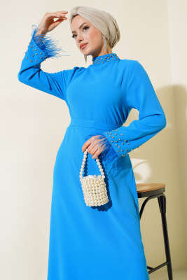 Yaka ve Manşet Taşlı Elbise Mavi - Tesettür Elbise