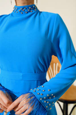 Yaka ve Manşet Taşlı Elbise Mavi - Tesettür Elbise