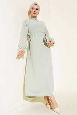 Yaka ve Manşet Taşlı Elbise Mint 