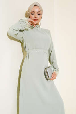 Yaka ve Manşet Taşlı Elbise Mint - Tesettür Elbise