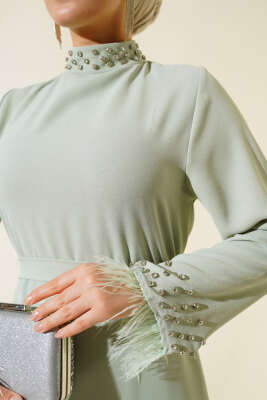 Yaka ve Manşet Taşlı Elbise Mint - Tesettür Elbise