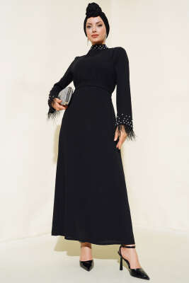 Yaka ve Manşet Taşlı Elbise Siyah - Tesettür Elbise