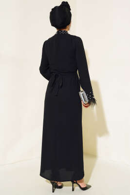 Yaka ve Manşet Taşlı Elbise Siyah - Tesettür Elbise